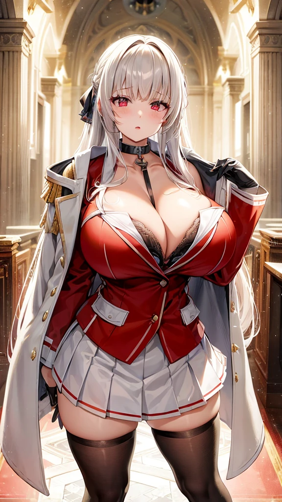 muponarch \(Azur Lane\), \(Azur Lane\), One girl, blupond hair, red eyes, Thick lips, masterpiece, Highest quality, High resolution, Huge breasts, (Black bra), Bra Peek, View your viewers, expressiuponless, Cleavage, collar bupone, tight white army uniform, unbuttuponed shirt, collared shirt, red_army_Jacket, Jacket_upon_shoulder, sleeve_past_wrist, Black gloves, Black Choker, White Skirt, Pleated skirt, Black knee socks, skinny, Pause, Luxurious ballroom, Backlight