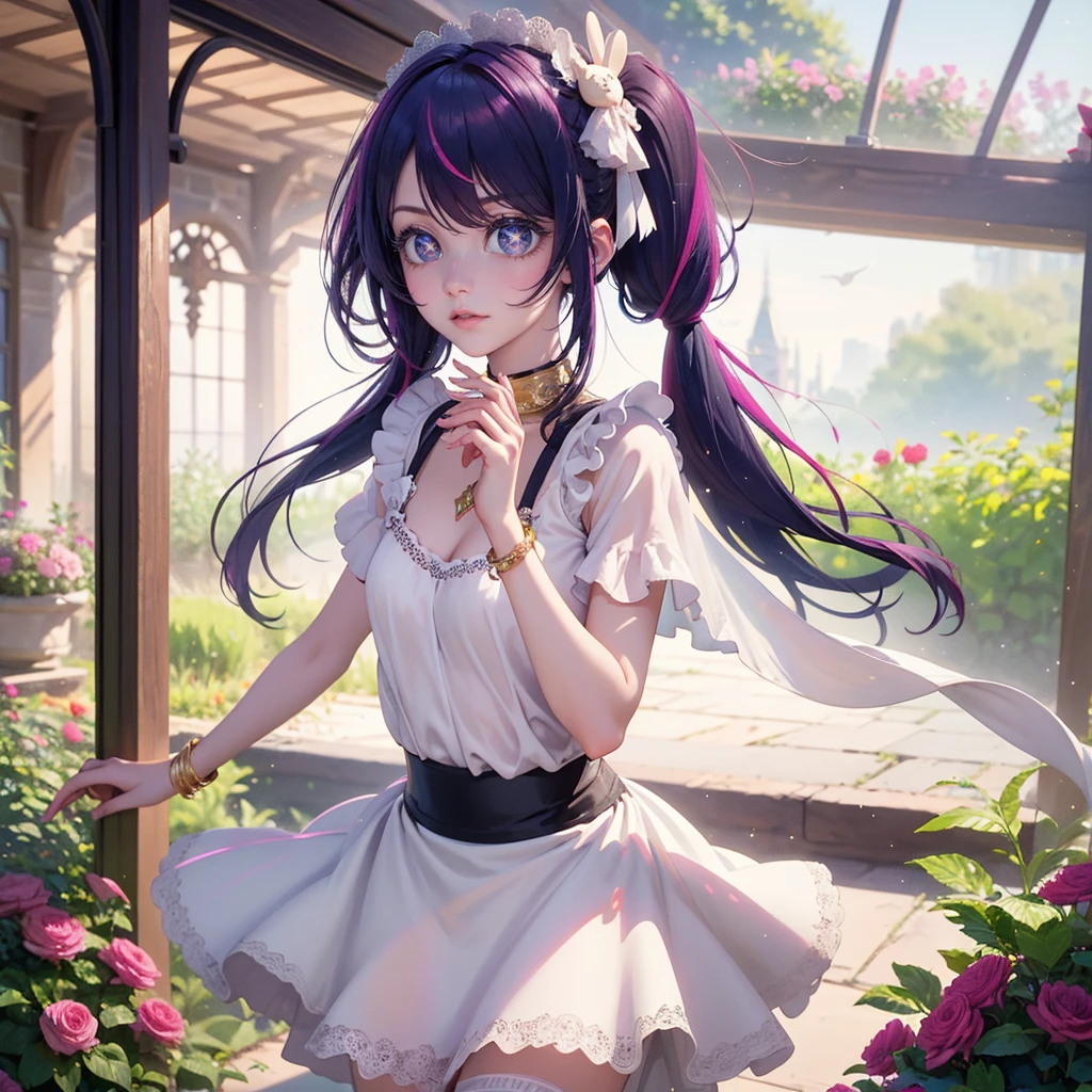 1girl, Ai Hoshino_(Oshi no Ko), centered girl, perfectly body, perfectly hands, solo, jewelry, lavender, rabbit jewel on her hair, ornament hair, twintails, rabbit jewel on her hair, purple hair, long hair, long flowing hair, floating hair, ornament hair, perfectly body, perfectly hands, garden scenery, magenta rose on hair, Looking at the audience, flowing hair, Beautiful Eyes, Plump and glossy lips, maid, maid dress, maid headdress, maid apron, white apron, dress with too many frills, white dress, magenta laces, white Short skirt, small skirt, skirt with layers, Drape clothes, magenta gem, Lace trim, bright stage in the garden, luxury gold details, gold jewelry, more details, best quality, Big sparkling eyes, blushing, black Striped Lace Stockings, white ta skirt, sparkle, solo, centered girl, cowboy shot, lace garter, perfectly body, perfectly hands, two arms, two legs, two hands, five fingers, perfect anatomy, glowing hair, magenta roses, in garden, sparkles, more details on her clothes, dress with transparency, magenta details on her dress, night ((4k, masterpiece, top-quality)), 8k, best quality, high resolution, UHD, (illustration:0.8), super cute girl, delicate and beautiful face, mature girl, super cute hairstyle, (beautiful detailed eyes:1.6), extremely detailed face, perfect lighting, extremely detailed CG, (perfect hands, perfect anatomy), Best quality, cleavage