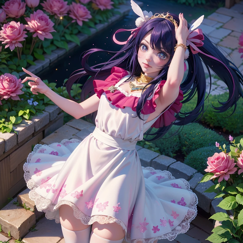 1girl, Ai Hoshino_(Oshi no Ko), centered girl, perfectly body, perfectly hands, solo, jewelry, lavender, rabbit jewel on her hair, ornament hair, twintails, rabbit jewel on her hair, purple hair, long hair, long flowing hair, floating hair, ornament hair, perfectly body, perfectly hands, garden scenery, magenta rose on hair, Looking at the audience, flowing hair, Beautiful Eyes, Plump and glossy lips, maid, maid dress, maid headdress, maid apron, white apron, dress with too many frills, white dress, magenta laces, white Short skirt, small skirt, skirt with layers, Drape clothes, magenta gem, Lace trim, bright stage in the garden, luxury gold details, gold jewelry, more details, best quality, Big sparkling eyes, blushing, black Striped Lace Stockings, white Lolita skirt, sparkle, solo, centered girl, cowboy shot, lace garter, perfectly body, perfectly hands, two arms, two legs, two hands, five fingers, perfect anatomy, glowing hair, magenta roses, in garden, sparkles, more details on her clothes, dress with transparency, magenta details on her dress, night ((4k, masterpiece, top-quality)), 8k, best quality, high resolution, UHD, (illustration:0.8), super cute girl, delicate and beautiful face, mature girl, super cute hairstyle, (beautiful detailed eyes:1.6), extremely detailed face, perfect lighting, extremely detailed CG, (perfect hands, perfect anatomy), Best quality, cleavage