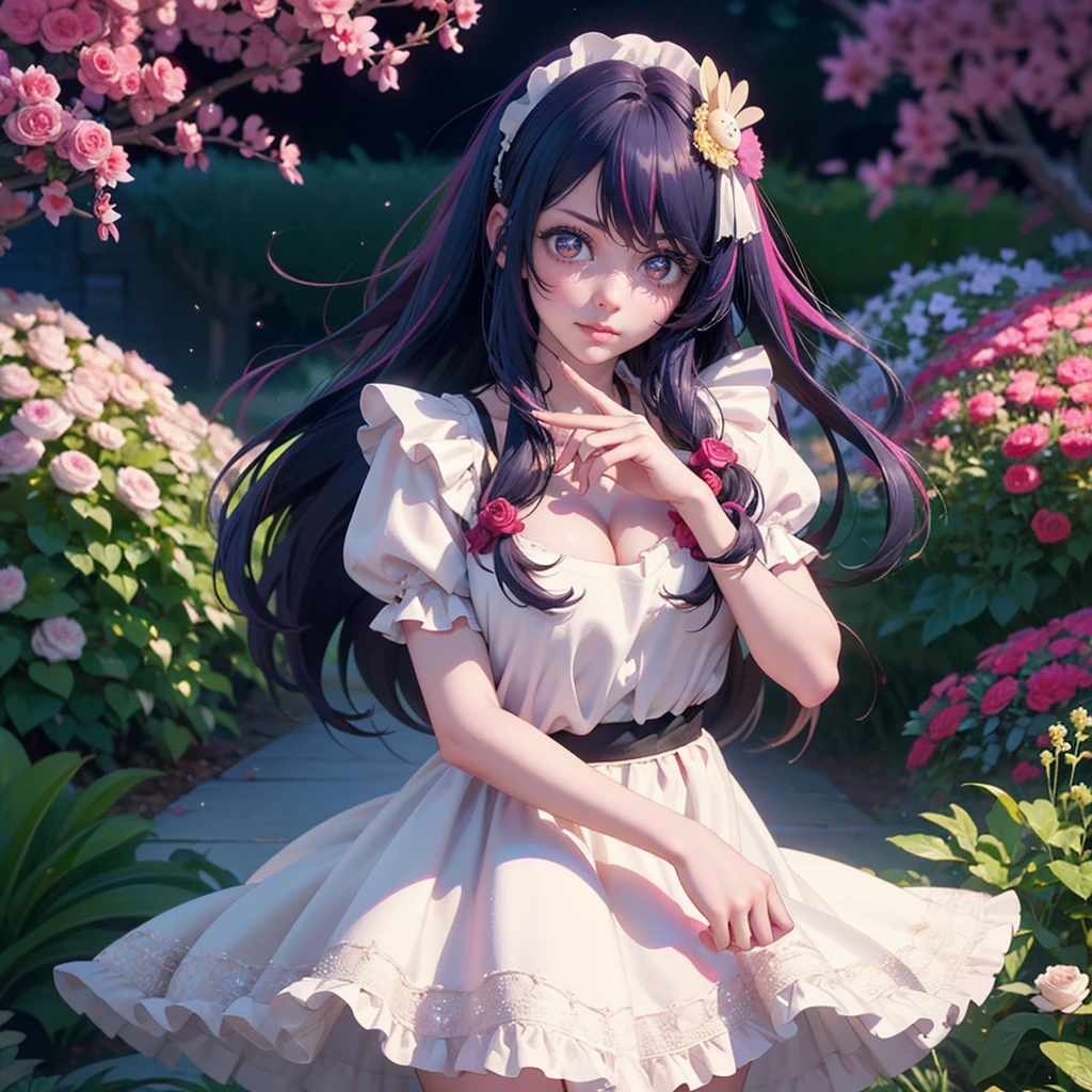 highest quality, expensive_solve, clear_image, detailed background, girl, flower, garden, starry sky,