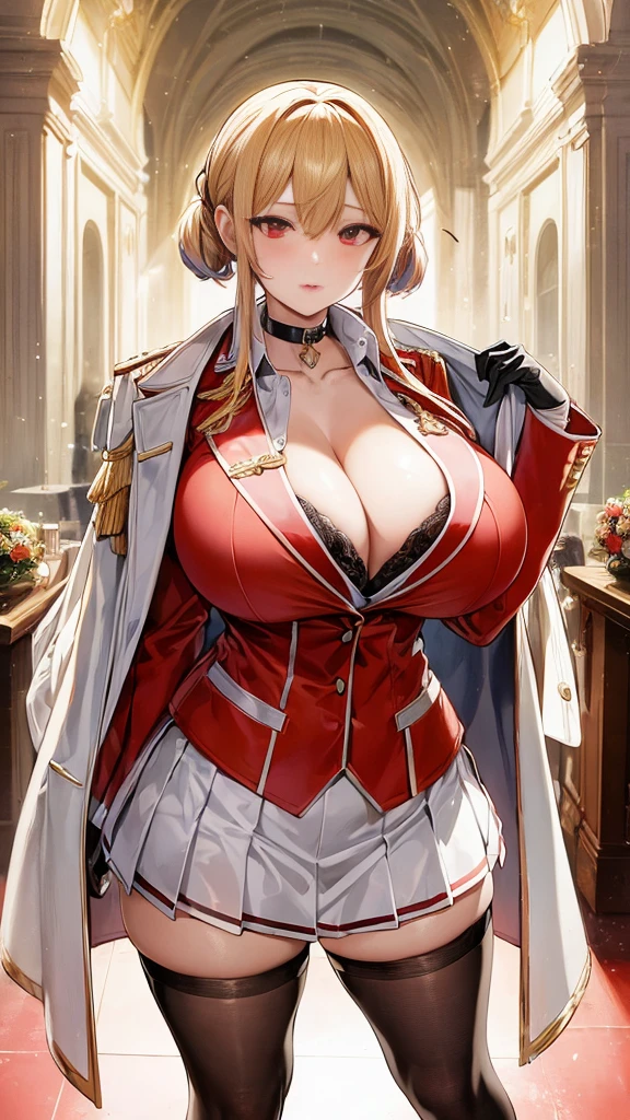 muponarch \(Azur Lane\), \(Azur Lane\), One girl, blupond hair, red eyes, Thick lips, masterpiece, Highest quality, High resolution, Huge breasts, (Black bra), Bra Peek, View your viewers, expressiuponless, Cleavage, collar bupone, tight white army uniform, unbuttuponed shirt, collared shirt, red_army_Jacket, Jacket_upon_shoulder, sleeve_past_wrist, Black gloves, Black Choker, White Skirt, Pleated skirt, Black knee socks, skinny, Pause, Luxurious ballroom, Backlight