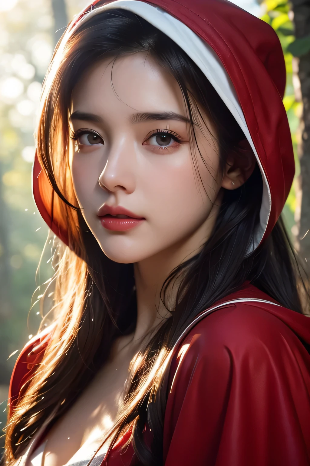 High-quality work，Realistic works，Super premium graphics，8K HD CG works，high quality graphics，High-definition and exquisite CG works，10x pixels，Ultra-fine details：1.1，Advanced technical details：1.1Realistic photo effects，Interior lighting effects：1.5，natural soft light：1.5. Light effect（Virtual light effects：1.8），ultra high resolution，shining dress，sliver long hair，silber hair，transparenthair，high detailed hair（Quality hair details：1.1）Clear eyes，Double eyelids look good，Sharp eye makeup, Create exquisite eyelash makeup, tthin eyebrows, Ultra-detailed eyes，a tall nose, lovely red lips, rosey cheeks, With delicate makeup on her face , pretty face, The face shape is perfectly proportioned,（Advanced facial details：1.1）Close-up portrait of NewLaraCroft in the forest, (backlight), actual, masterpiece, best quality, ((red hooded cloak)), ((scared )), lens flare, shadow, bloom, (( flash)), [Color difference], go through Jeremy Lipking, go through Antonio J. manzanedo, go through (Alphonse Mucha), number，Women's artwork，Dress full body video，Realism，Amazing Cleavage，My eyes are very bright today
