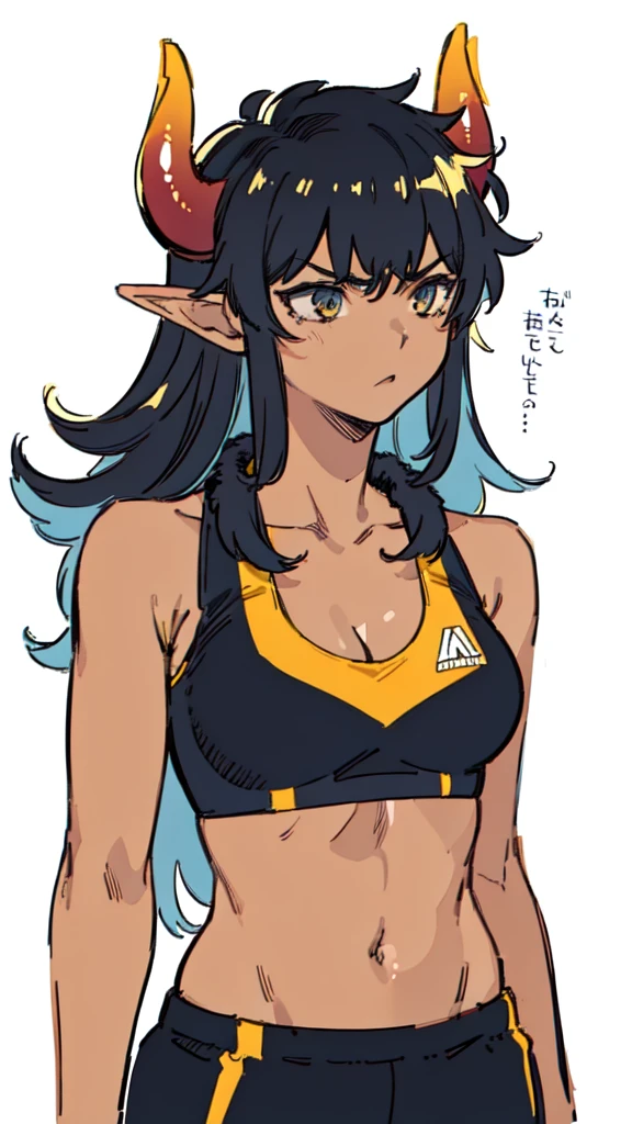 ((1girl,solo,mature female,25s,adult)),medium breasts,long hair, black hair,angry expression,horns,elf ears,black scarf,cleavage,(dark skin),((black sports bra, midriff)),white background