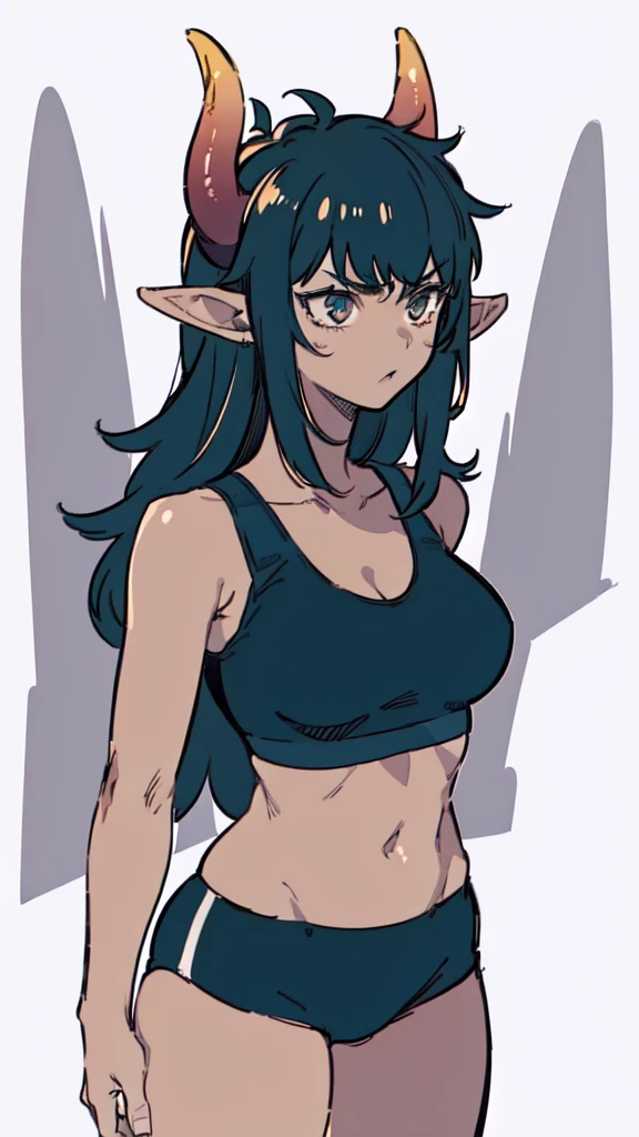 1girl,20s,solo,mature female,small breasts,long hair, white hair,curly hair,((villain,psycho,psychopath, angry)),show belly,cleavage,horns,elf ears,scarf,(((black tank top,black pencil skirt,black pantyhoses))),standing,(white background, line drawing),
