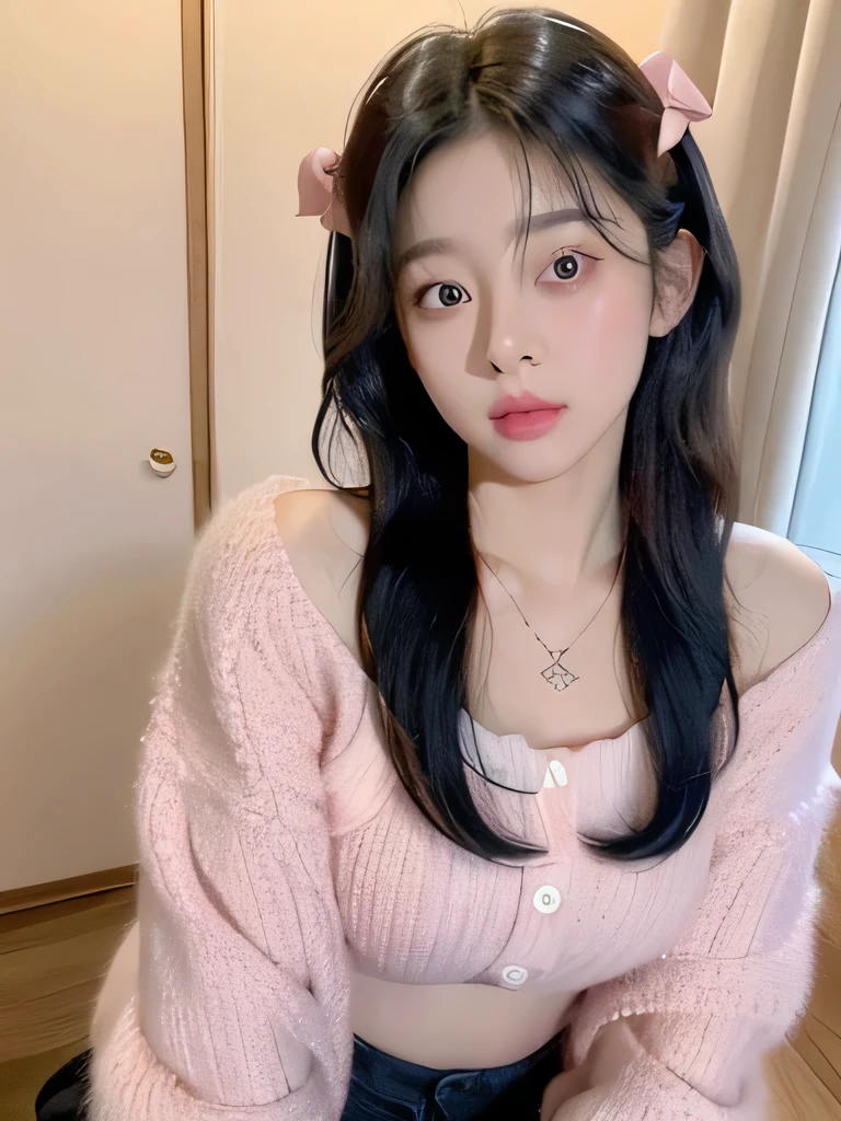 Seol in ah with black hair, with curlers at the ends, with two bows on each side of the hair, with a star clip in black hair, light colored eyes, pretty eyes, pretty, upturned nose, watery nose, Pretty lips, pink lips, heart and cupid shaped lip, pretty skin, pale, White skin, soft pink blush on the cheeks, natural pink blush, soft pink makeup, nice neck, marked collar, frown, tender look, with a kiss necklace, a pretty kiss necklace,while wearing a Crochet YK2, woolen, with a YK2 style brown mini skirt, while wearing a jacket with bear prints, while having a bare abdomen, (medium breasts, soft breasts),looking to the camera, autophoto, beautiful selfie