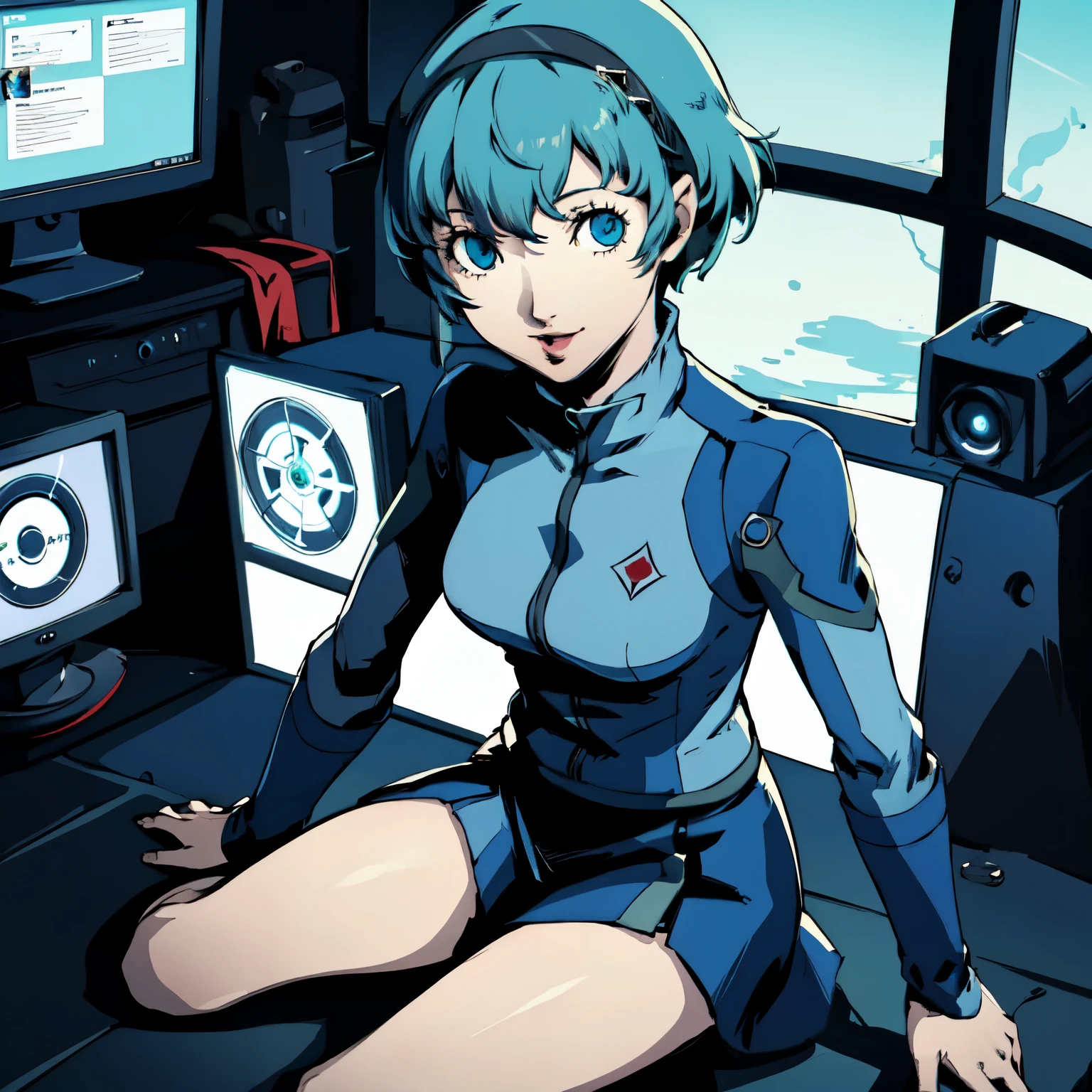 ((P3 Yamagishi Fuuka)),masterpiece, ((best quality)),((1 girl)), blue eyes, light aqua hair, female , tomboy Pixie haircut, deep blue suit,smiling,hacker,in the,dark room,sitting,looking monitor,long skirt,sexy,
