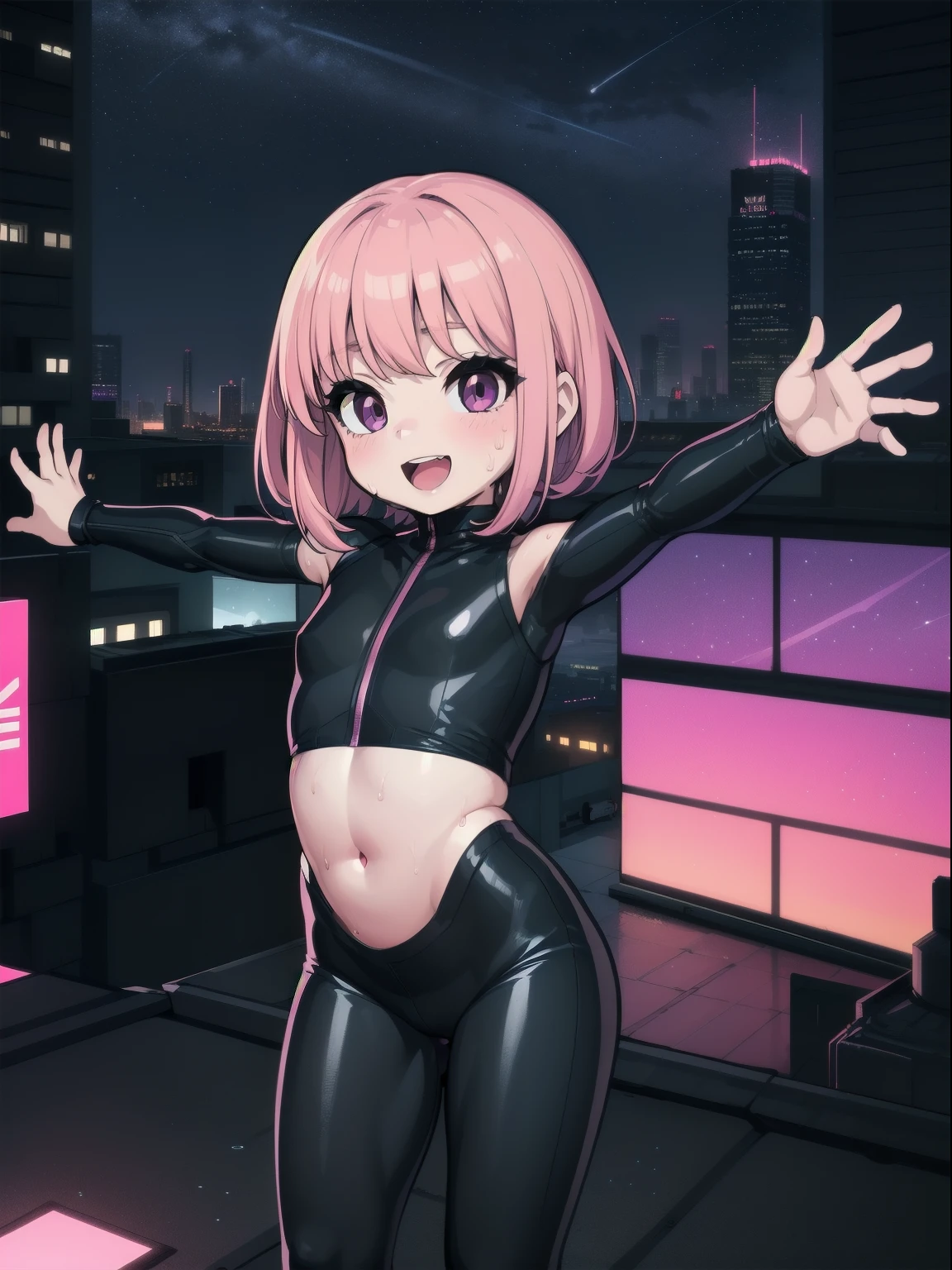 1girl,detailed eyes,(child:1.8),skinny, pink hair, purple eyes, Sweat,outdoor,night sky,,rooftop ,open bodysuit ,midriff ,sci-fi,cyberpunk ,navel,happy ,pose