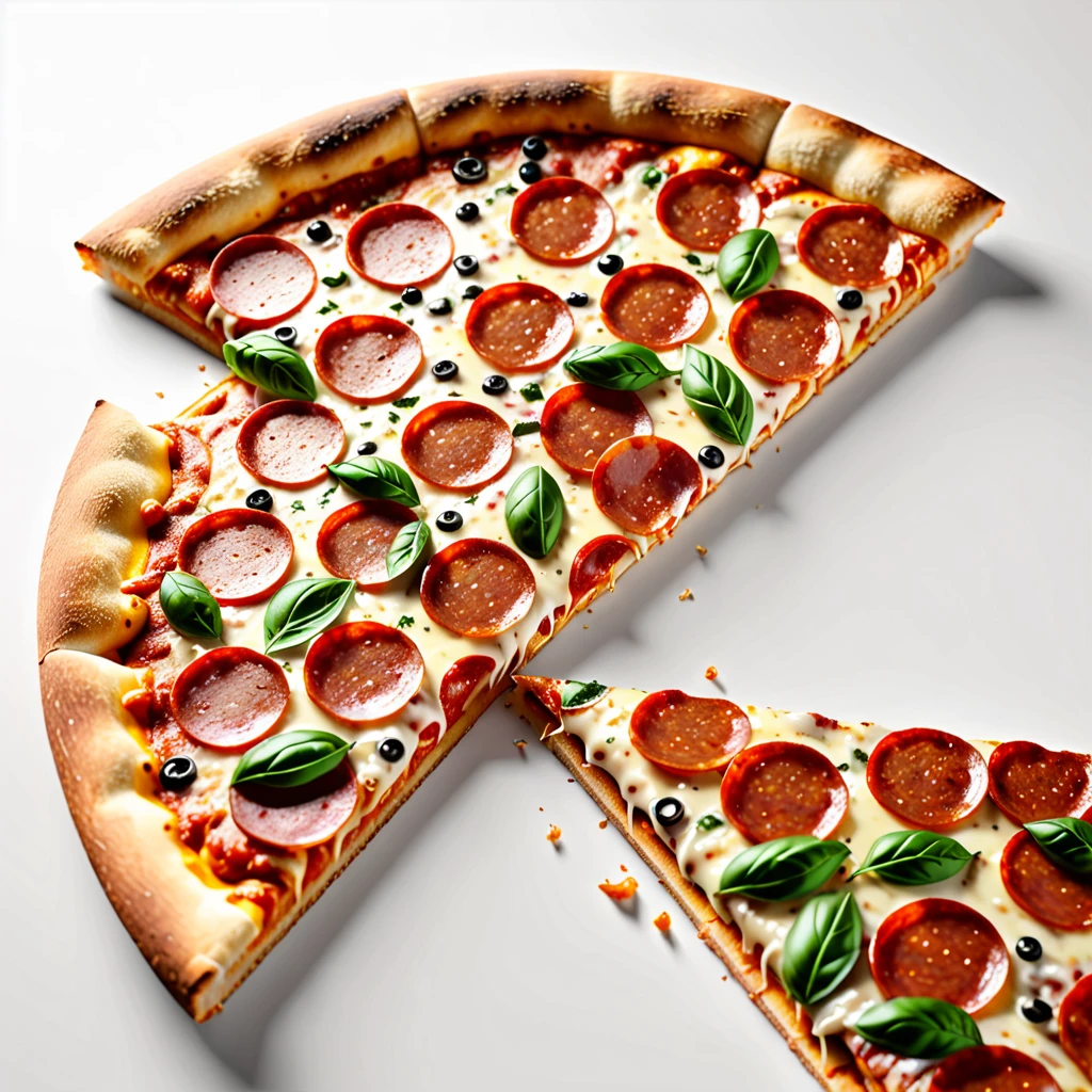 slice of pizza, on white background, high-angle photo, soft light, 3d render, wide angle shooting, raw