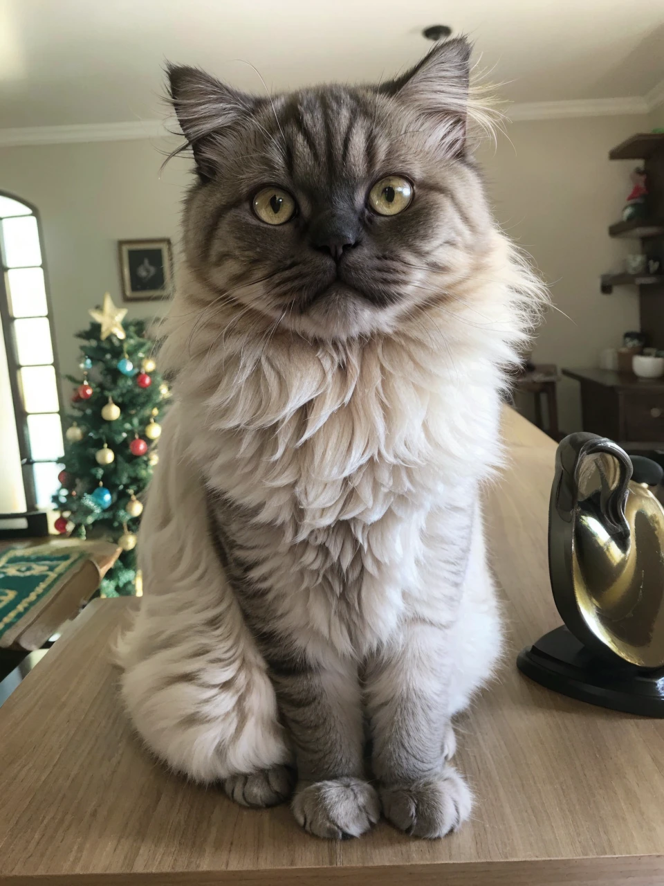 Persian cat, slightly flattened snout, dark gray coat with white roots, honey-colored eyes, easy expression slightly angry, dolce, disney animation, 9 anos, medium size fur, desenho animado fofo, meio arredondado, fundo divertido com pouca informação