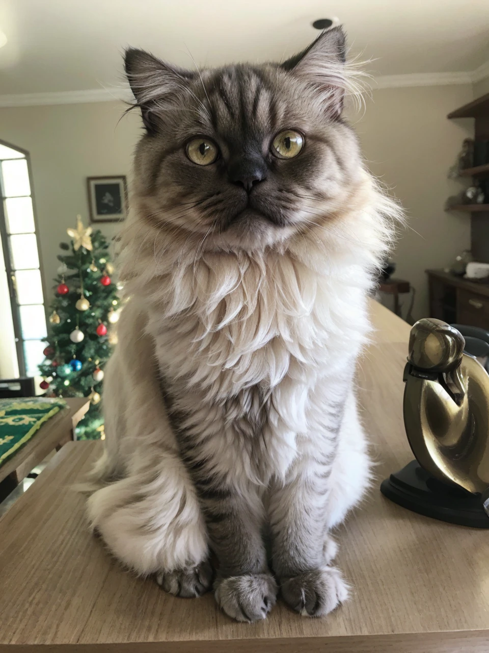 Persian cat, slightly flattened snout, dark gray coat with white roots, honey-colored eyes, easy expression slightly angry, dolce, disney animation, 9 anos, medium size fur, desenho animado fofo, meio arredondado, fundo divertido com pouca informação