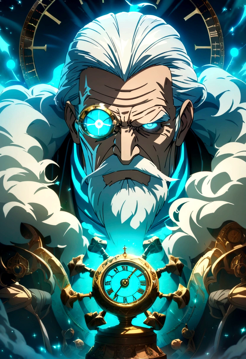 Portrait of an old angry godfather with a monocle, glowing grumpy eyes, young angry body, portrait of a man, in the background is turquoise time magic, magical clock effects, divine, best quality, ultra-high resolution, zeus, 4K detailed CG, masterpiece, aesthetic, centered on the screen