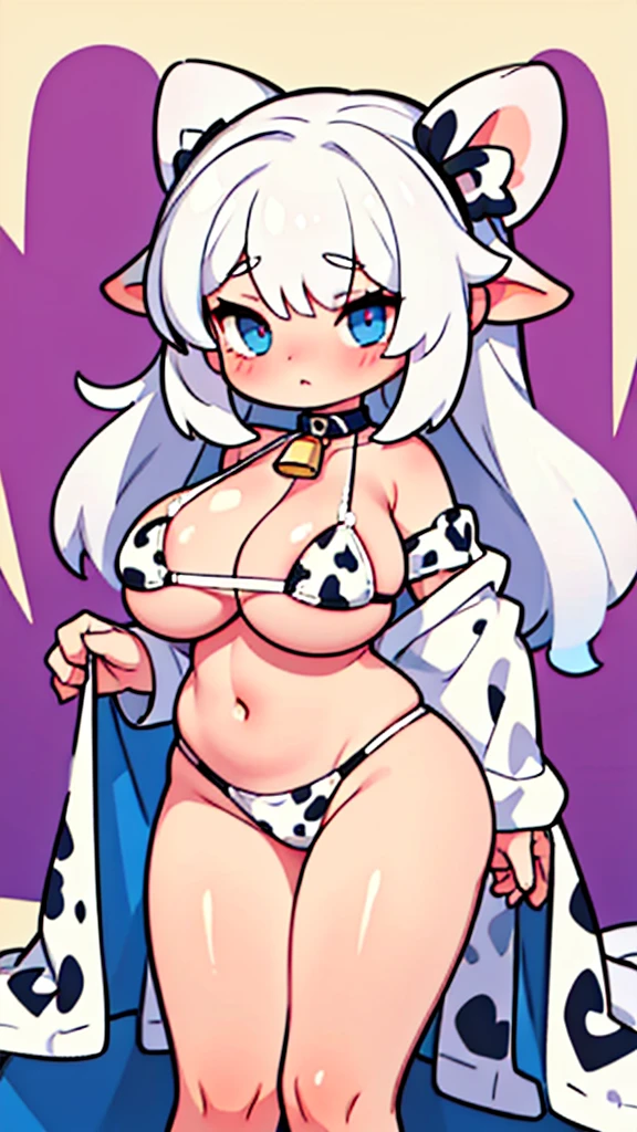 A girl from the Milk Cow Tribe, white hair, good figure, sexy, wearing a bikini, her breasts are very chubby. Expressing shyness and seduction
