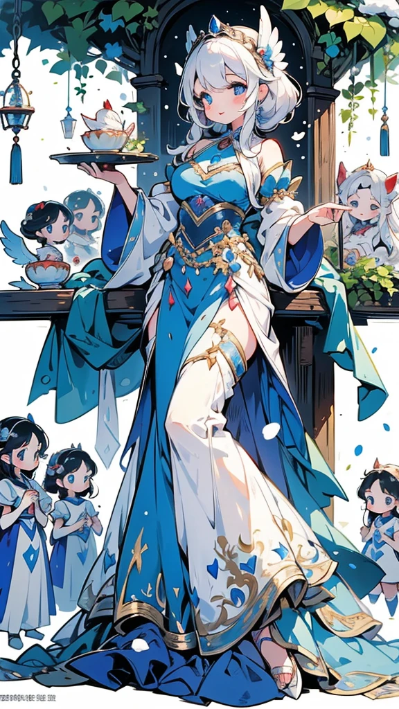 《snow white and the seven dwarfss》,Princess in a gorgeous dress,Princess in a gorgeous dress身边有七个可爱的小矮人,Gorgeous princess girl with some cute dwarfs around her,There are seven cute little boys around the cute girl