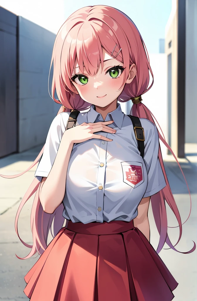 最high quality, Best image quality, masterpiece, whole body, high quality, Beautiful art, One Girl, View your viewers, Dynamic pose, Seductive pose, ((, Best Bust, Giant bust:1.2)), Detailed teeth, Light green eye rest, Pink Hair, Pink twin tails, thin, Big Valley, nude, smile,lor suit、White collared shirt, (Open shirt:1.1), skirt, (Short sleeve shirt:1.1), Schoolyard、School building in the back