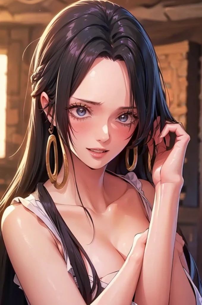 best quality, masterpiece, highly detailed,1girl, Boa Hancock, , (masterpiece:1.5), Detailed Photo, Smiling, Sexy, (8K, Best Quality: 1.4), (1girl), Beautiful Face, (anime realistic Face), (Black Hair, long Hair: 1.3), Beautiful Hairstyle, Realistic eyes, beautiful detail eyes, (white skin), beautiful skin, absurd, attractive, ultra high resolution, ultra realistic, high definition, golden ratio, (sexually aroused:1.5), Pinkish white skin, cool white light, Beautiful , white background, pink soft white light, Wear a black bodycon dress, (messy hair:1.5), (masturbate:1.5)