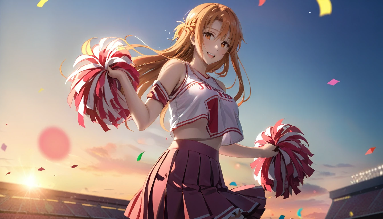 score_9, score_8_up, score_7_up, score_6_up, uncensored, Yuuki Asuna, absurdly long hair, orange eyes, orange hair, very long hair, lips, shiny skin, sweating, wet, wet hair, steaming body, heavy breathing, large breasts, detailed body, detailed eyes, seductive smile, upper teeth, happy,1girl, cheerleader, cowboy shot, pom pom \(cheerleading\), :d, pink clothing, masterpiece,best quality,highres,ultra-detailed, outdoors, dusk, confetti, pleated skirt,