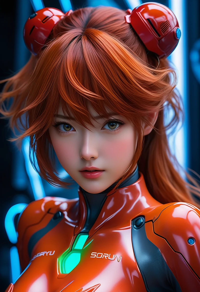 Up close and realistic - 3D character of Soryu Asuka Langley wearing a plug suit is brought to life, Attractive face, Cool expressions of Neon Genesis Evangelion