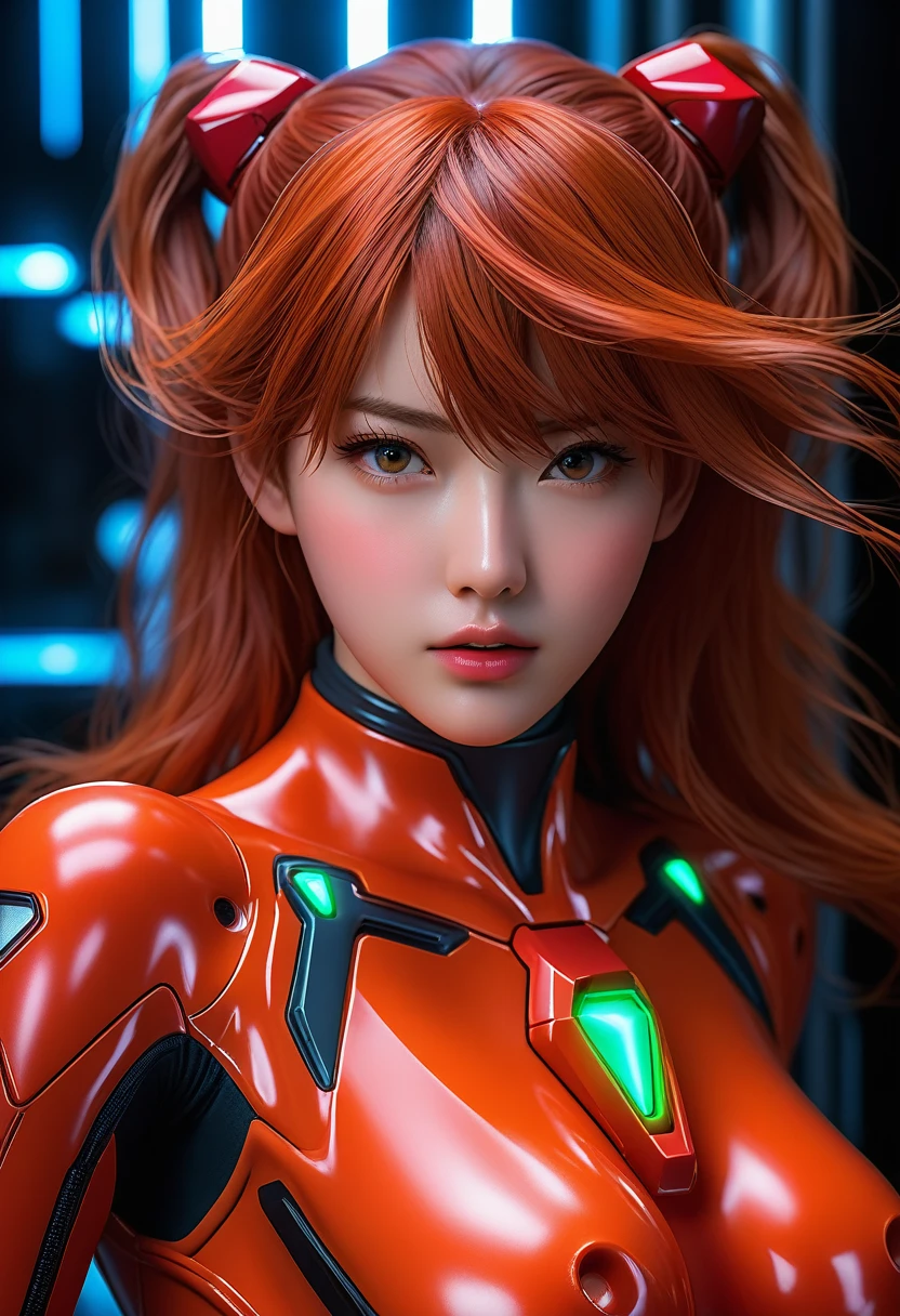 Up close and realistic - 3D character of Soryu Asuka Langley wearing a plug suit is brought to life, Attractive face, Cool expressions of Neon Genesis Evangelion