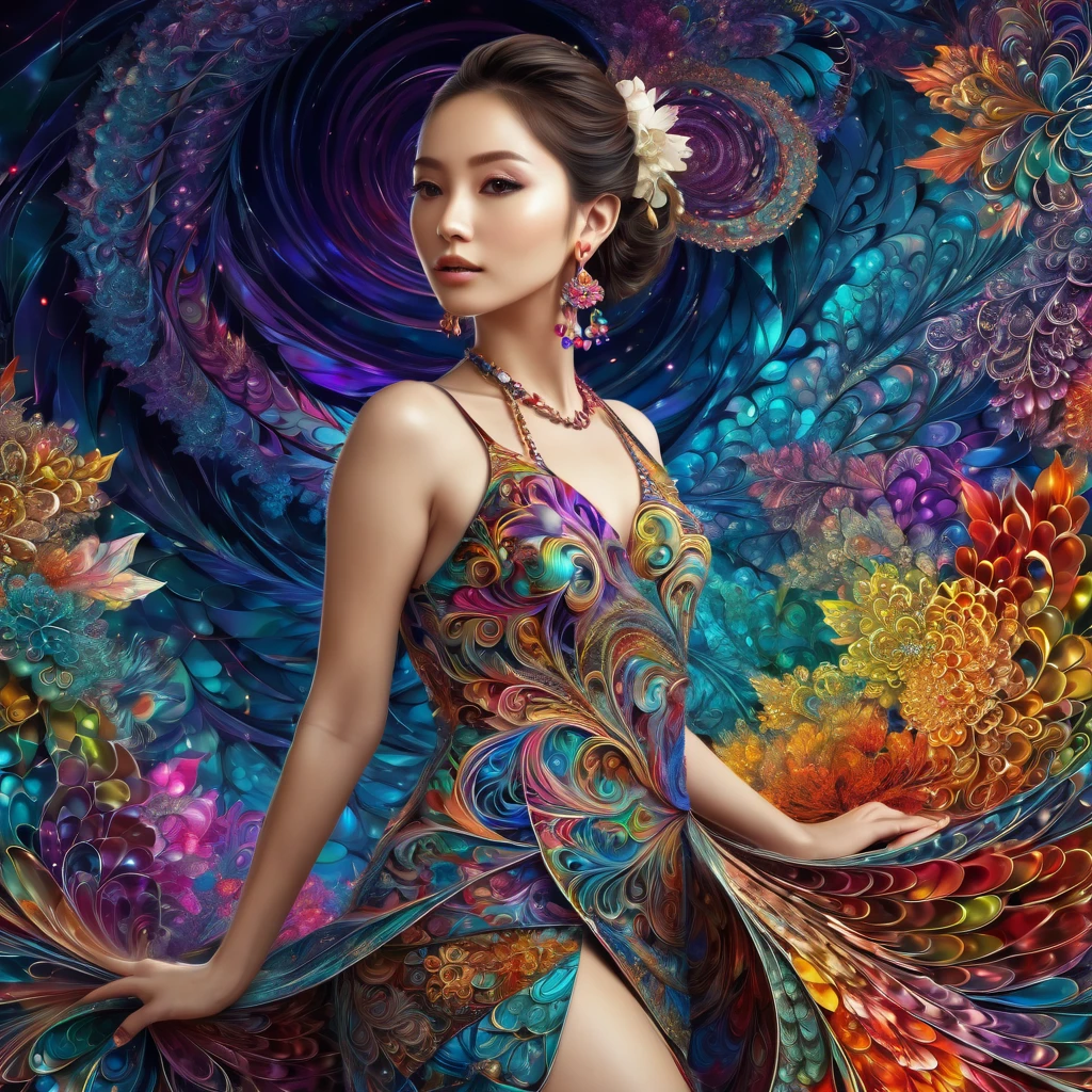 (masterpiece, top quality, best quality, official art, beautiful and aesthetic:1.2), (1girl:1.3), extremely detailed,(fractal art:1.1),(colorful:1.1),highest detailed,(zentangle:1.2), (dynamic pose), (abstract background:1.5), (japanese dress:1.2), (shiny skin), (many colors:1.4), ,(earrings:1.4),