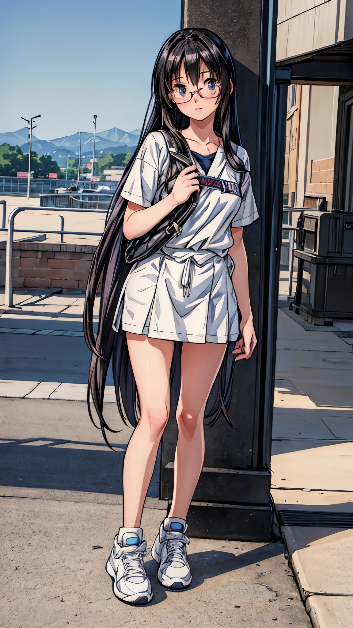(highest quality,4K,8K,High resolution,table top:1.2), super detailed, (realistic,photorealistic,photo-realistic:1.37), ((Outside the school)),((full body)),(one 17 years old girl),(Glasses Girl),(rage),(Perplexed),(black hair),(long hair),((sportswear,Jersey)),((sneakers)),beautiful and fine eyes, beautiful detailed lips, highly detailed eyes and face, long eyelashes, realistic anime 3D style, Smooth anime CG art,Moe anime art style, photorealistic rendering of an anime girl,Cute anime girl visuals, realistic young anime girl, girl fan art, Created by Anime Artist Waiting to start