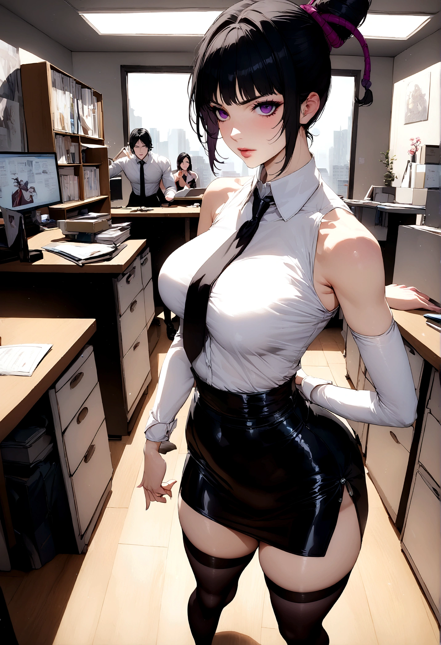 juri han, work of art, tight white secretary shirt with black tie, black high waist skirt, short skirt,stocking, black hair, black tightsolhar assustador,office,franja nos olhos,iluminação,visão de cima,olhando para cima,sorriso maligno