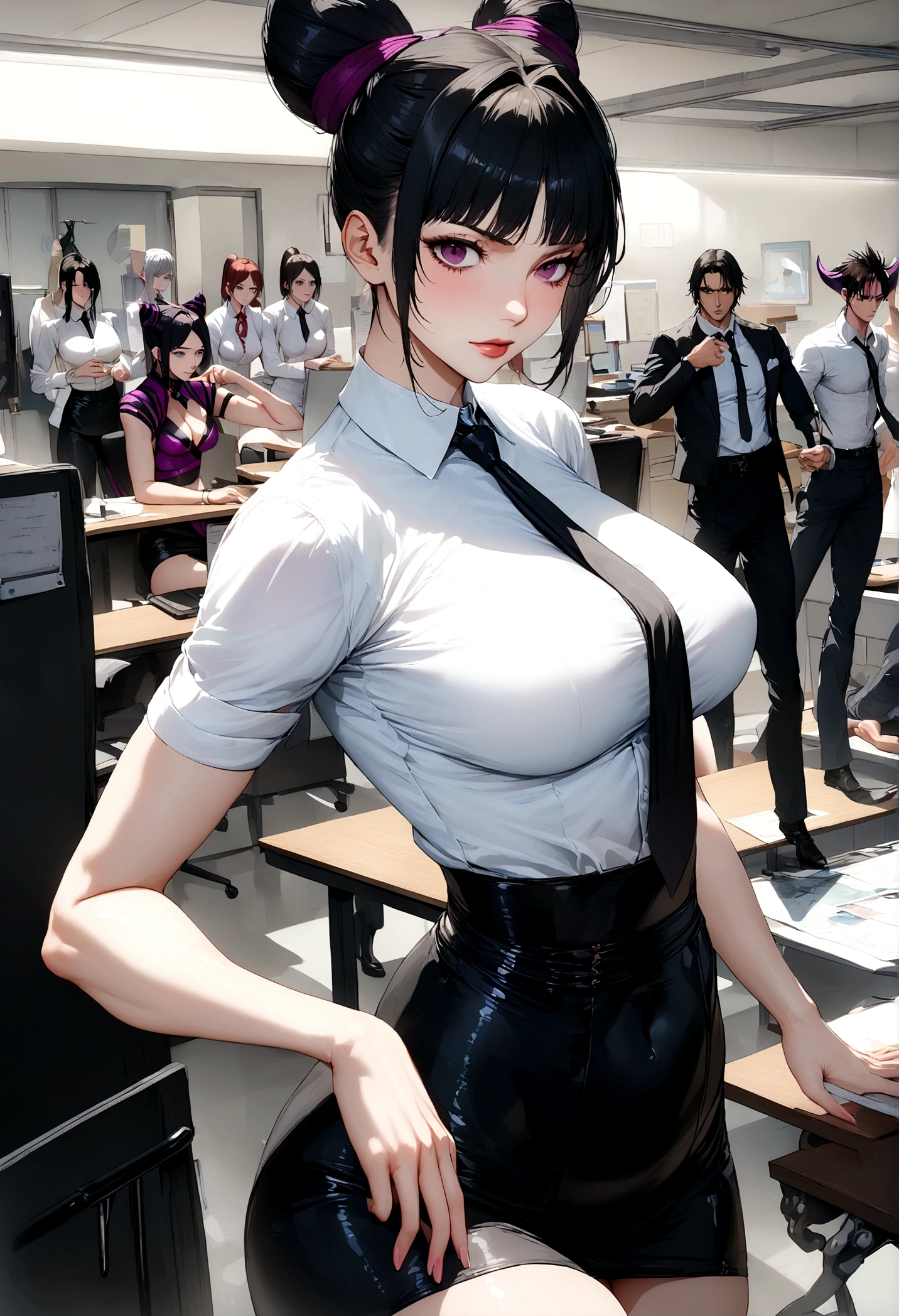 juri han, work of art,  secretary shirt with black tie, black high waist skirt, short skirt,stocking, black hair, black tightsolhar assustador,office,franja nos olhos,iluminação,visão de cima,olhando para cima,sorriso maligno
