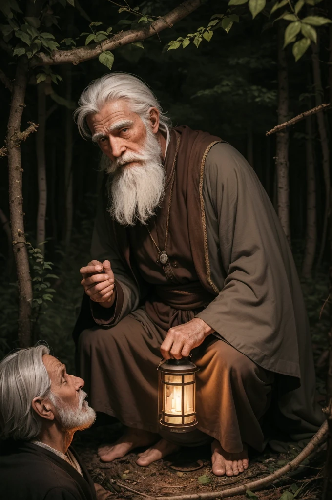 "a wise old man, with white hair and long beard, wearing an antique robe and holding an oil lantern, walks through a dark forest. The soft light of the flashlight illuminates the tree trunks and surrounding bushes. amidst the darkness, he finds a poor guy, sitting on the floor in tattered clothes, looking up with a desperate and hopeful countenance. The wise old man extends his hand in a gesture of help, while the flashlight light creates a dramatic contrast between the darkness of the forest and the small lit area around them