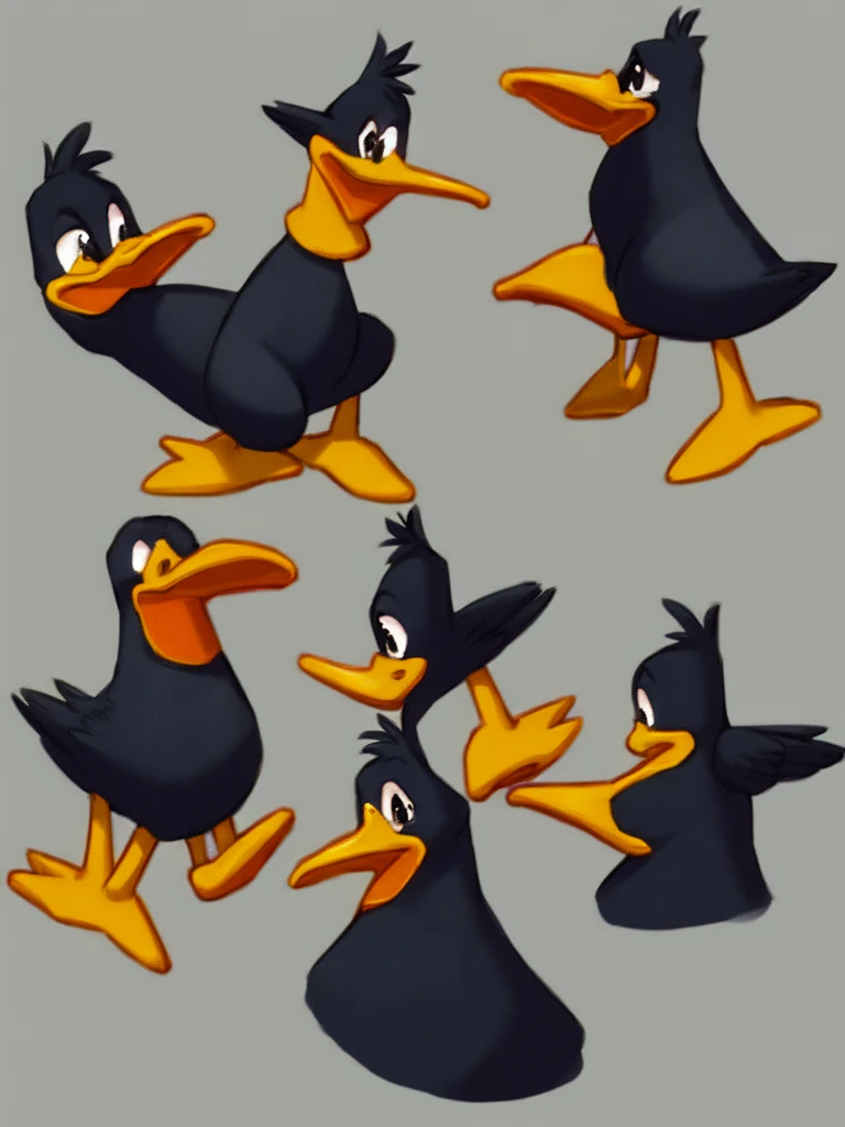 Daffy duck, black duck, gray background