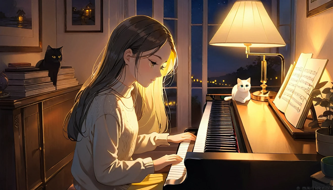 A dusk,
A girl sits in a cozy corner, draw a piano.
The soft yellow light of a desk lamp illuminates her thoughtful expression, revealing deep concentration and a calm posture.
Her gentle gaze is comforting.
It adds to the quiet evening atmosphere, creating a peaceful and tranquil look,with cat.
