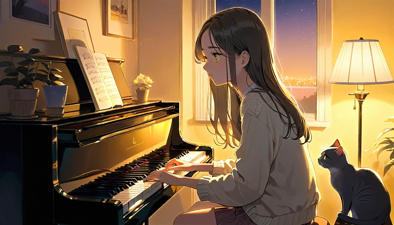 A dusk,
A girl sits in a cozy corner, draw a piano.
The soft yellow light of a desk lamp illuminates her thoughtful expression, revealing deep concentration and a calm posture.
Her gentle gaze is comforting.
It adds to the quiet evening atmosphere, creating a peaceful and tranquil look,with cat.
