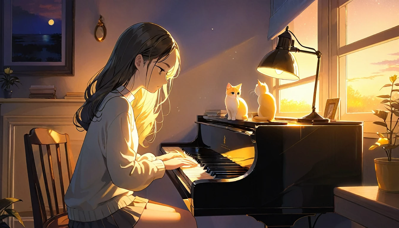 A dusk,
A girl sits in a cozy corner, draw a piano.
The soft yellow light of a desk lamp illuminates her thoughtful expression, revealing deep concentration and a calm posture.
Her gentle gaze is comforting.
It adds to the quiet evening atmosphere, creating a peaceful and tranquil look,with cat.
