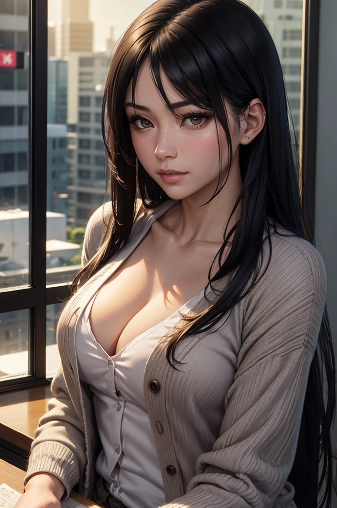 cowboy shot,japanese,beautiful browneyes, beautiful lips,(seductive smile) , longeyelashes,((slender)),black hair,((straight hair )),looking away,displeased, Cardigan, office lady, (professional business attire), office setting, desk, (highres,masterpiece:1),detailed,(realistic,photorealistic,photo-realistic:1),HDR,UHD,studio lighting,ultra-fine painting,sharp focus,physically-based rendering,extreme detail description,professional,vivid colors,bokeh,intricate details,highly realistic,photorealistic portrait