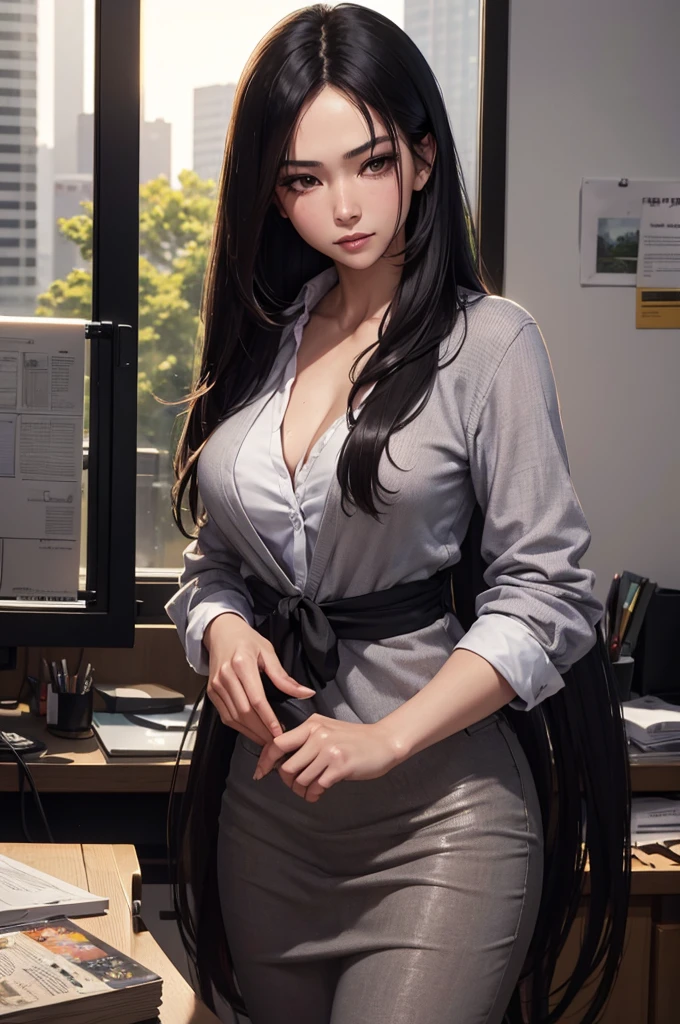 cowboy shot,japanese,beautiful browneyes, beautiful lips,(seductive smile) , longeyelashes,((slender)),black hair,((straight hair )),looking away,displeased, Cardigan, office lady, (professional business attire), office setting, desk, (highres,masterpiece:1),detailed,(realistic,photorealistic,photo-realistic:1),HDR,UHD,studio lighting,ultra-fine painting,sharp focus,physically-based rendering,extreme detail description,professional,vivid colors,bokeh,intricate details,highly realistic,photorealistic portrait