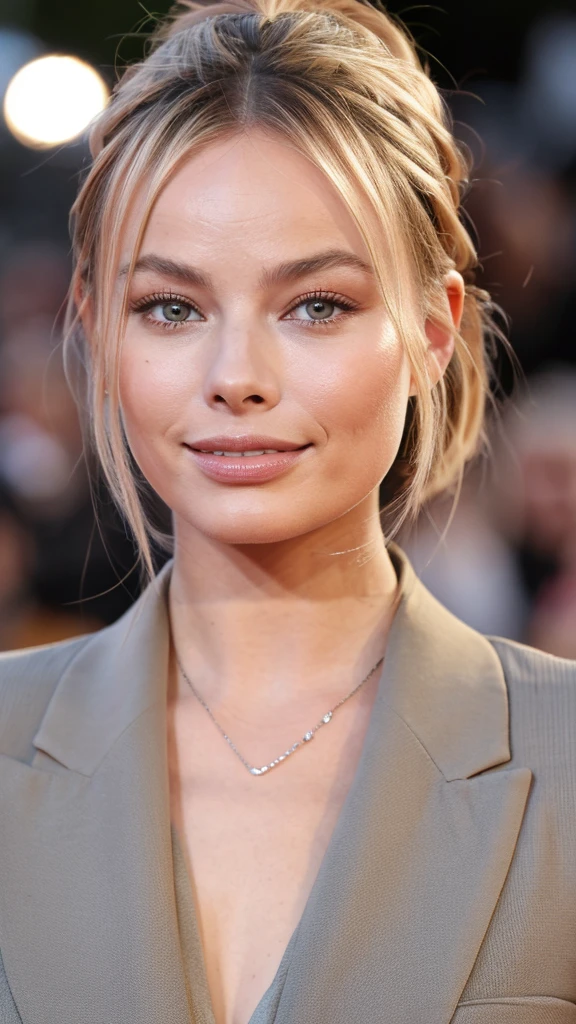 makima avec le visage de Margot Robbie (Chaînesaw man), meilleure qualité, ultra détaillé, 1fille, seulement, debout, cheveux roux, cheveux longs tressés, yeux dorés, frange, seins moyens, chemise blanche, cravate, regarder, sourire, (Mauvais: 1.2), regardering at the viewer, (Entretien: 1.3), (fond sombre, Chaînes: 1.3), D'en haut, contraste élevé, beaux yeux détaillés, se concentrer, photo en gros plan