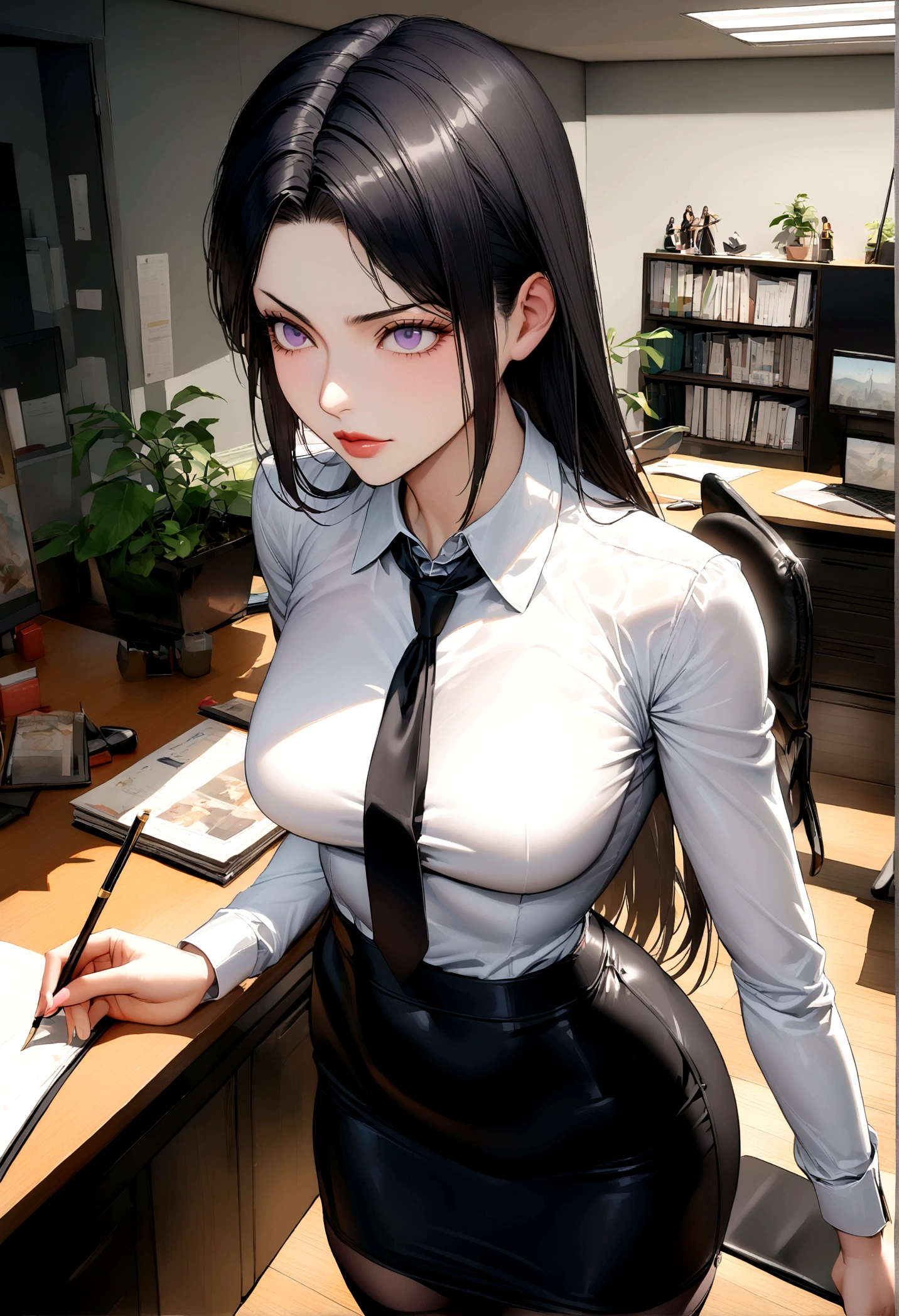 juri han, work of art, tight white secretary shirt with black tie, black high waist skirt, short skirt,stocking, black hair, black tightsolhar assustador,office,franja nos olhos,iluminação,visão de cima,olhando para cima,sorriso maligno
