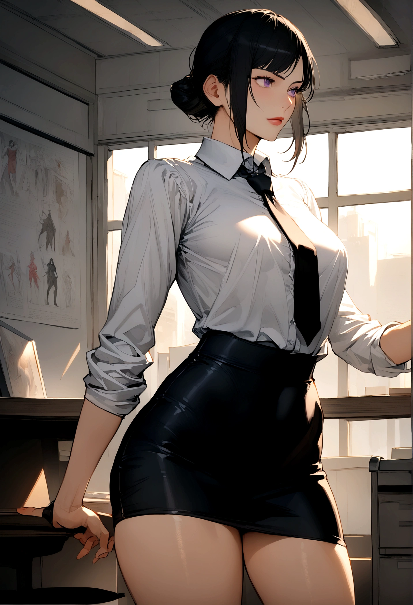 juri han, work of art, tight white secretary shirt with black tie, black high waist skirt, short skirt,stocking, black hair, black tightsolhar assustador,office,franja nos olhos,iluminação,visão de cima,olhando para cima,sorriso maligno
