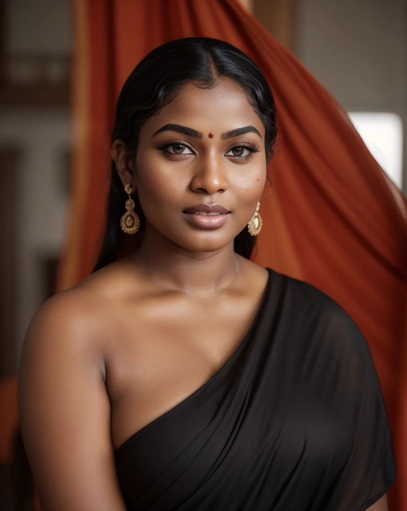 Extremely gorgeous, beautiful round face, beautiful black lady, sexy lady, curvy, curvy beauty, shoot for a famous cosmetics brand, shoot for top health magazine cover Page, bold photoshoot, bold looks, body positivity, dark skin, stunning beauty, ravishing, spicy hot, sizzling hot, sensual shoot, artistic sensual photograpy, thick figure, curvy, Thick navel, sexy tempting lady, sexy navel folds, fleshy figure, woman with a flower in her hair and a flower in her hair, closeup portrait shot, movie stills photography, traditional beauty, body sweat, glistening skin, skin texture, skin pores, traditional clothes , traditional female hairstyles, pretty face!!, shot on sony alpha dslr-a300, indian woman with brown skin, indian goddess, traditional makeup, movie stills, actress, close - up portrait shot, detailed portrait shot, ultra HD, hyper realistic, hyper realistic skin, High level professional photography, insane details, freckles 0.1, beautymarks, real photograph, add every possible elements to make the photo as real photograph, shiny skin, glossy skin, dramatic lighting,
