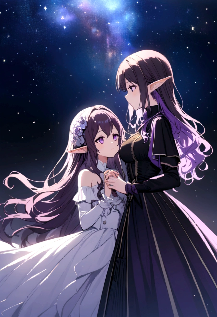 A couple of young girls, One with long wavy brunette hair and elf ears and the other having long ombre purple hair, looking up at the entire galactic starry sky Magnificent, Twinkling starlight, Boundless, Fantastic sighteteor shower