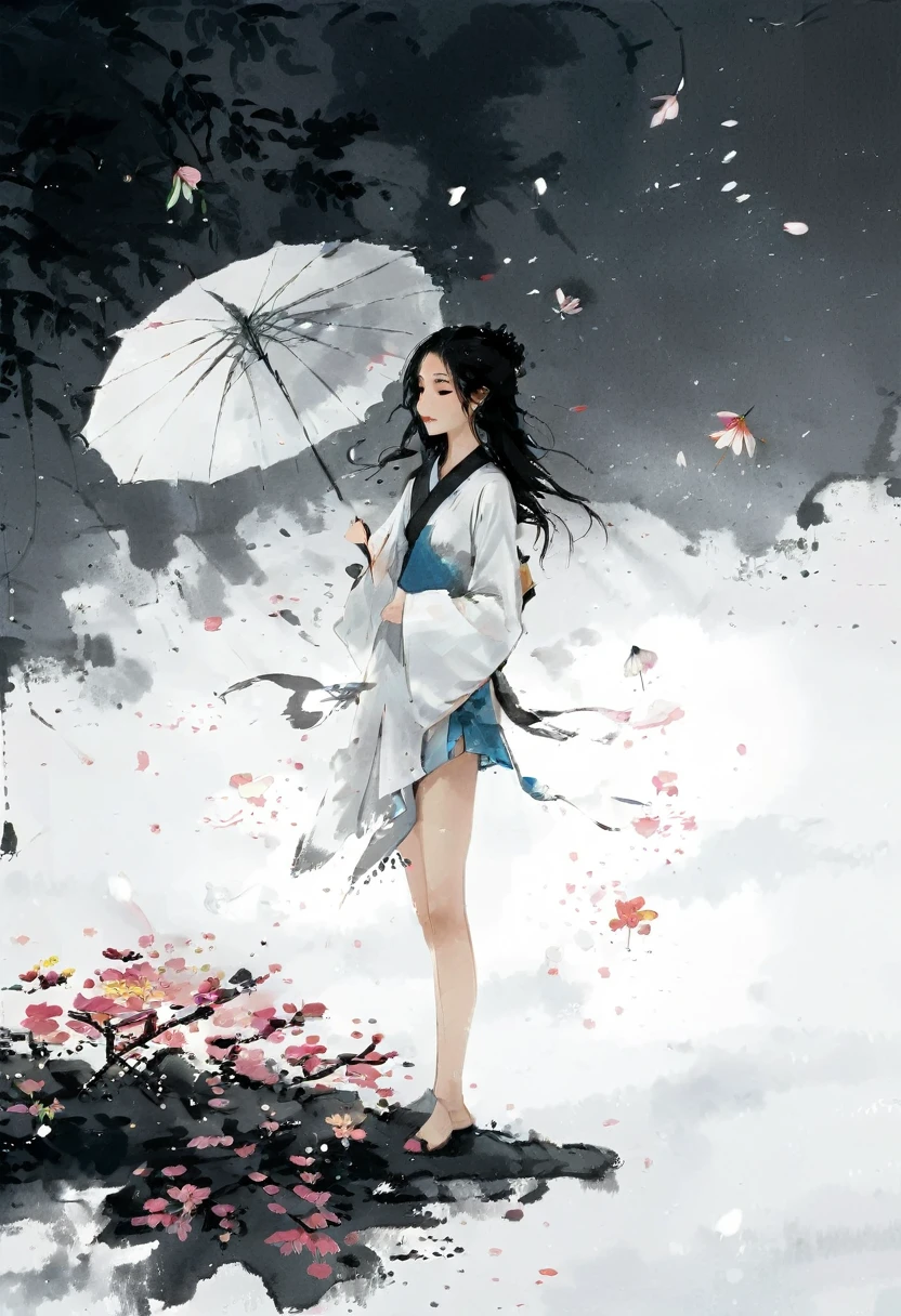 艺术Ink Painting，立体Ink Painting，Minimalism，Minimalism的图形，Minimal Art，Chinese anime girl，whole body，Chinese，，Ink Painting，Umbrella，Falling Flowers，Black long hair，Black and white background，古韵White space，White space，大面积White space，Textured Matte，Low saturation，Minimalism构图，Main Composition