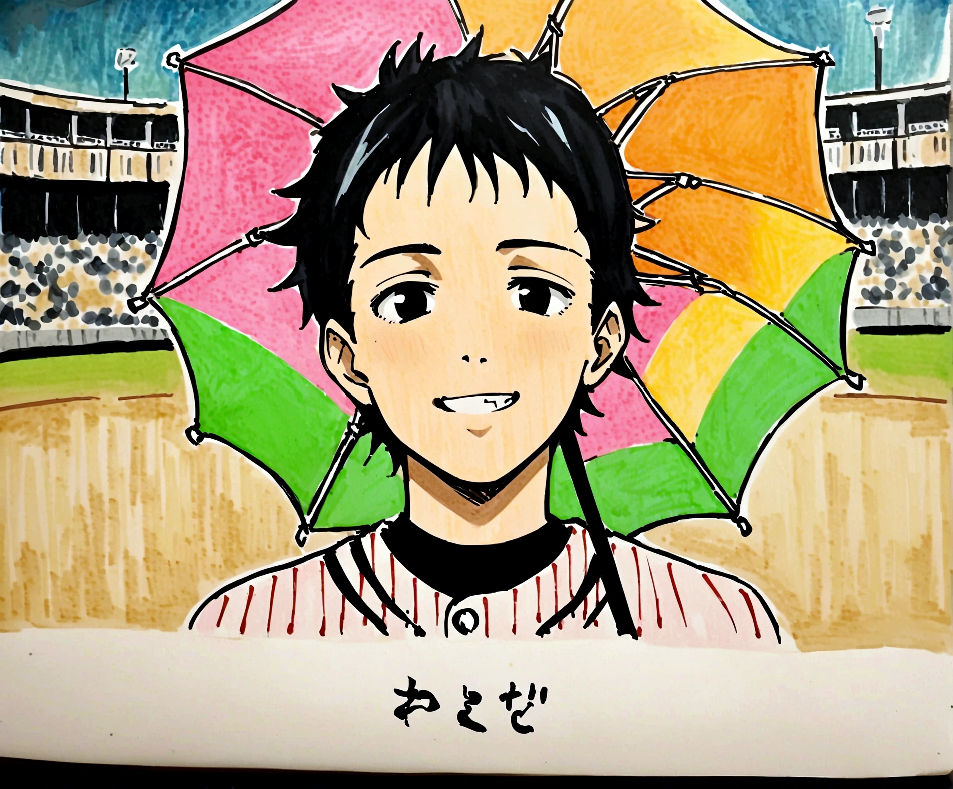 solo, looking at viewer, black hair, 1boy, male focus, black eyes, umbrella, traditional media, parody, thinning hair, baseball uniform, umbrella, baseball Ground, light smile, grin