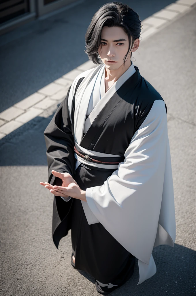 Create the image in the footprint of an anime character, where he has white skin, with gray military hair, wearing a black kimono, with a white cover