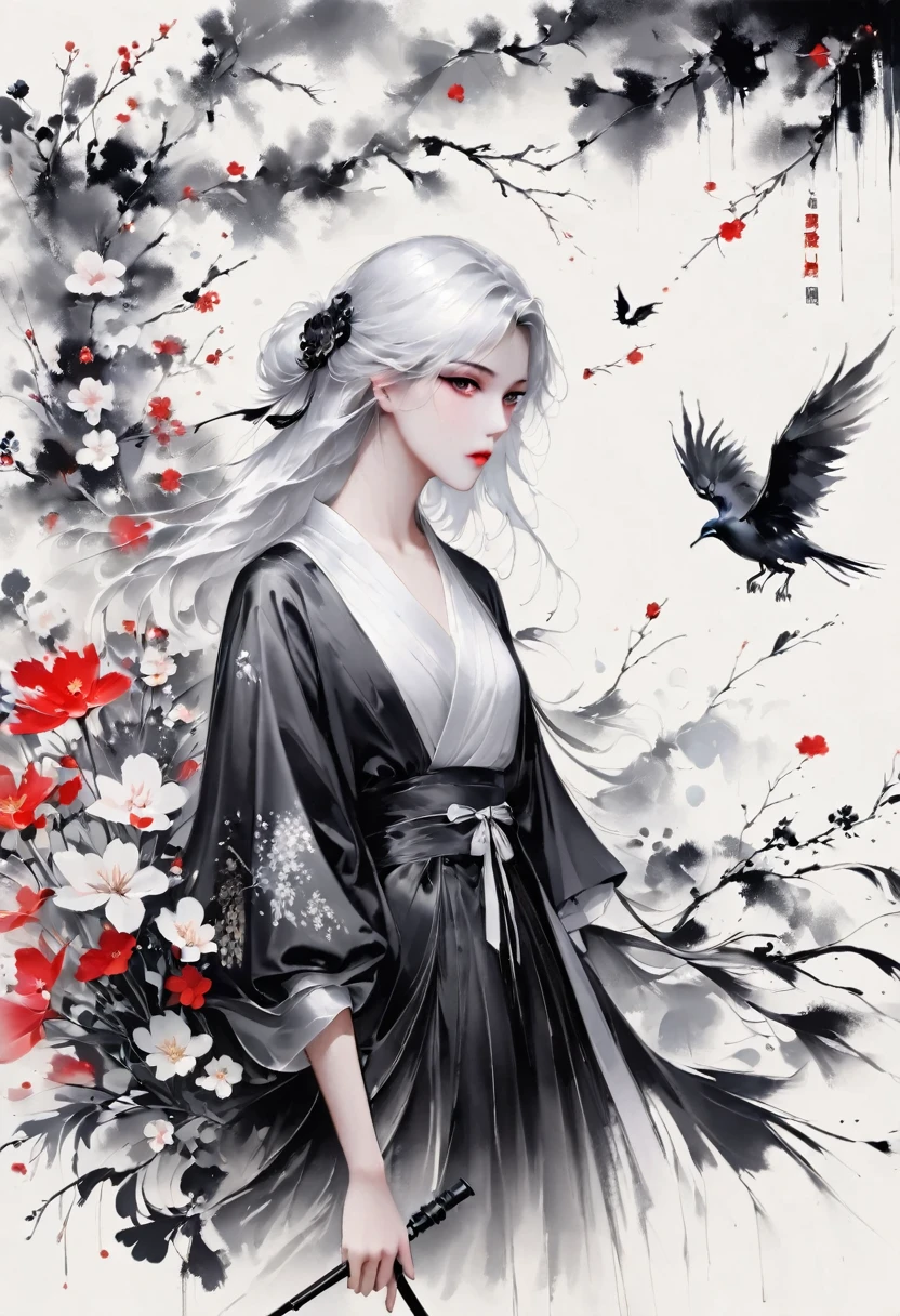 (Lots of white space:1.5),(Lots of white space around:1.6), White background, simple, Minimalism, abstract,Freehand,Aesthetic,black and white,Ink Painting,antiquity,(Umbrella:1.5),Falling Flowers,一幅abstract的艺术插图, author:Li Song, Arte no estilo de Guweiz, arte shin jinyoung, Obra-prima de Guweiz, Ross chart 1. 0, Beautiful digital illustrations, Inspired by non-WLOP, simple數位藝術, jingna zhang, Guweiz, Stunning digital illustrations