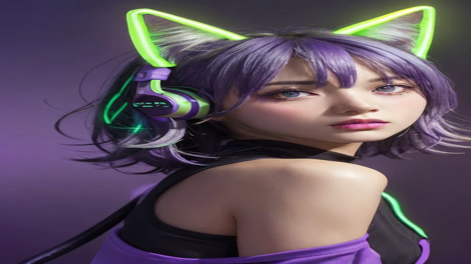 (Neon Purple Theme:1.2), masterpiece, Highest quality, 4K, (Realistic), Bokeh, Awareness-raising,(1 perfect portrait of a girl), (A fascinating eye for perfect detail:1.2), Colorful Hair, (Gradient Hair), (Neon purple soft hair:1.6), (Cat ear:1.2), Fantasy Background, (Exposed bare shoulders), (Long-term alienation sleeve), (Lean forward slightly), Tilt your head, (Cinema Lighting:1.2), Larger clothes, (Seductive pose:1.4), (Neon Purple Background:1.6), beautiful purple eyes, close,