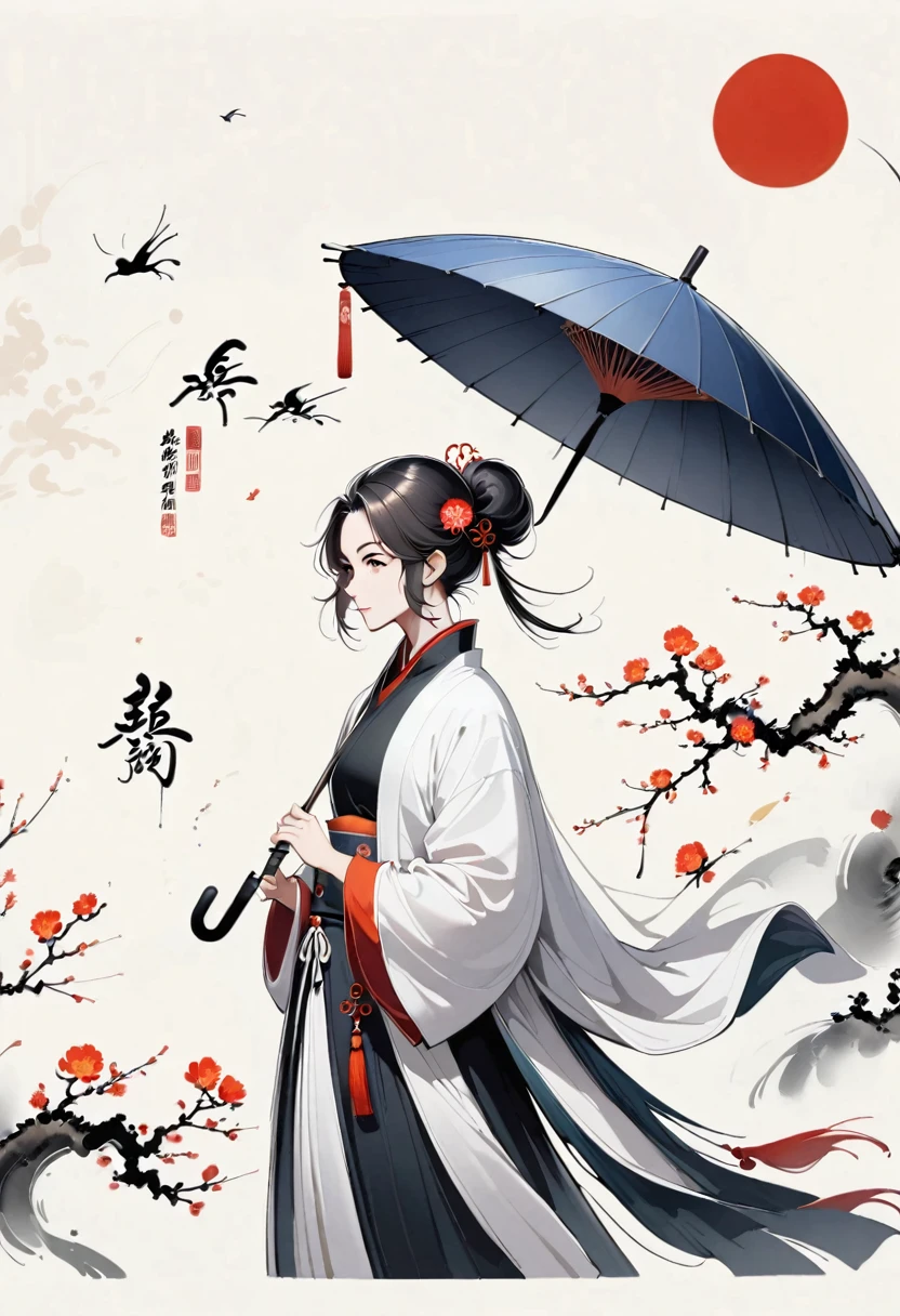 Bada Shanren style,Chinese Ink Painting,Simple style,is capitalized,Very simple pictures,Falling Flowers,Umbrella,