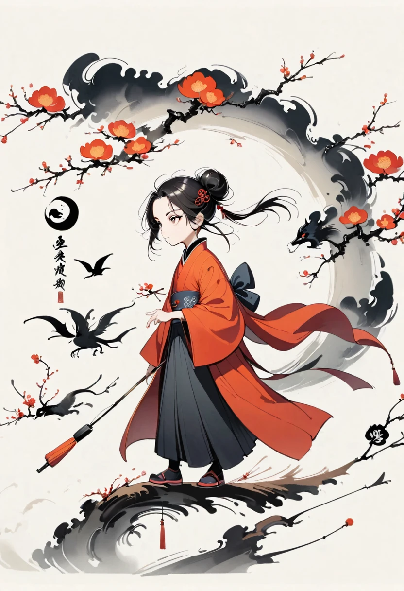 Bada Shanren style,Chinese Ink Painting,Simple style,is capitalized,Very simple pictures,Falling Flowers,Umbrella,