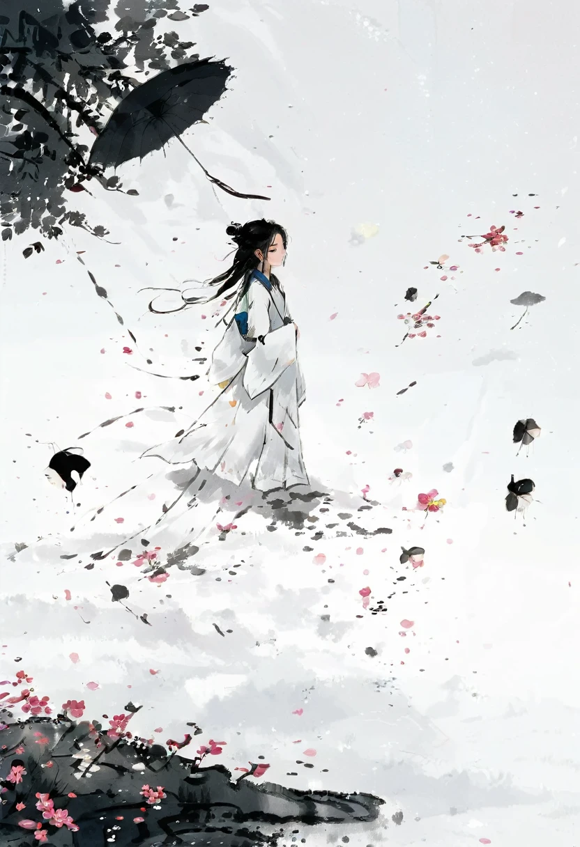 艺术Ink Painting,立体Ink Painting,Minimalism,Minimalism的图形,Minimal Art,Chinese anime girl,whole body,Chinese,,Ink Painting,Umbrella,Falling Flowers,Black long hair,Black and white background,古韵White space,White space,大面积White space,Textured Matte,Low saturation,Minimalism构图,Main Composition