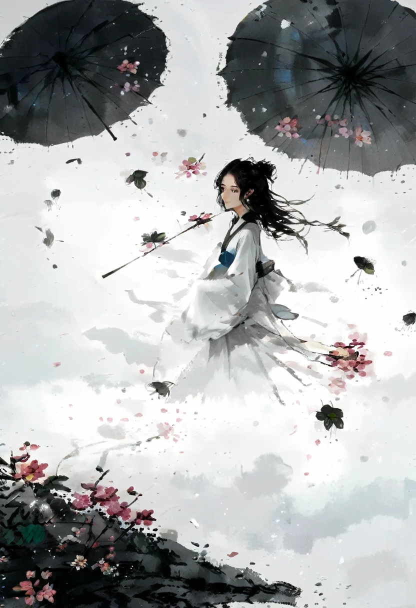 艺术Ink Painting,立体Ink Painting,Minimalism,Minimalism的图形,Minimal Art,Chinese anime girl,whole body,Chinese,,Ink Painting,Umbrella,Falling Flowers,Black long hair,Black and white background,古韵White space,White space,大面积White space,Textured Matte,Low saturation,Minimalism构图,Main Composition