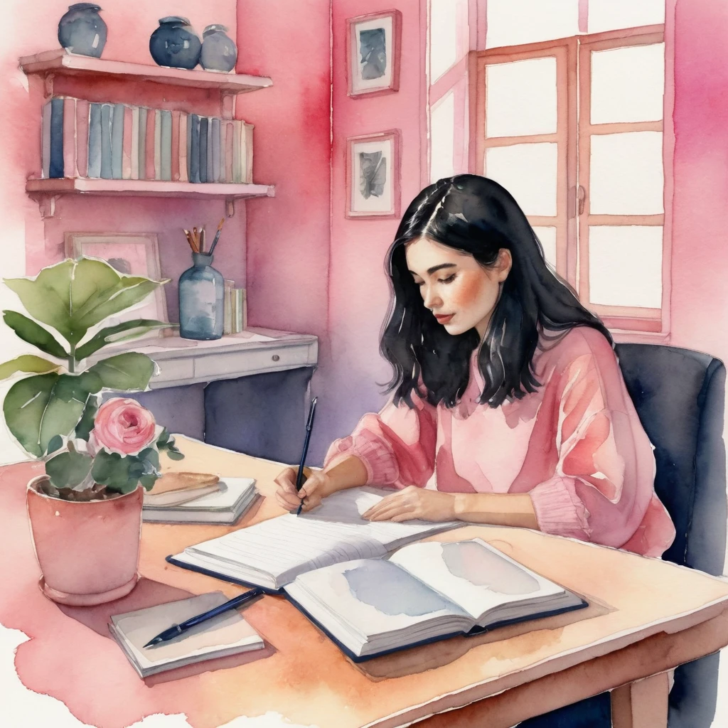 watercolor illustration In the tranquil scene of this image, a young black-haired woman is immersed in her own world, sitting at a desk in a room adorned with a pink wall. She is writing in a notebook, her hand gently holding a pen. The room environment exudes a warm and cozy atmosphere.