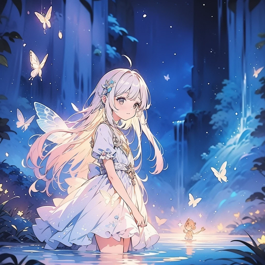 glowing fairies, beautiful girl in a sparkling delicate white dress, glowing lights, fireflies, glowing butterflies, Fairytale Creatures, watercolor illustration, bright pastel colors, Dreamy, Colorful, bizarre, magic, masterpiece, Best quality, sharp focus, intricately detailed environment, small parts, permission 8k, waterfall lagoon, (magic lagoon), (waterfall, lake), 