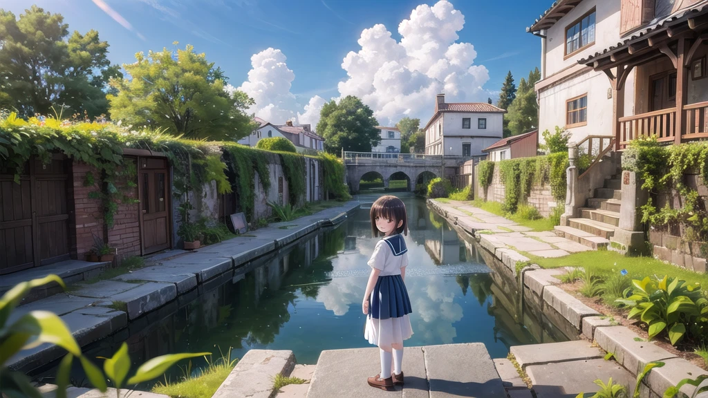 (masterpiece),  town,  blue sky,  One Girl,  smile,  alone,  Sailor suit、Long skirt,  Overgrown,  petal,  plant、Skirt lining、Translucent slip、Nostalgic